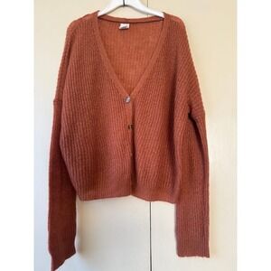 Full Tilt Essentials Womens XL Rust Orange Open Knit V-Neck Button Cardigan